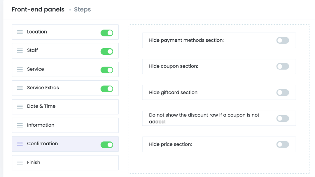 Settings FrontEnd Panel Booking Steps Confirmation BookOm