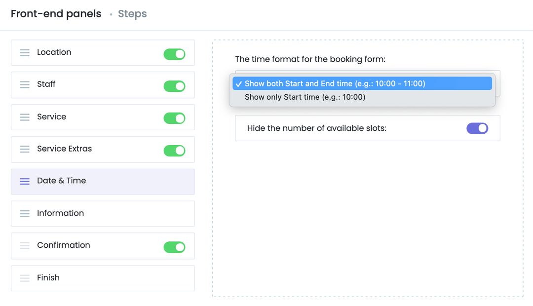 Settings FrontEnd Panel Booking Steps Date Time BookOm