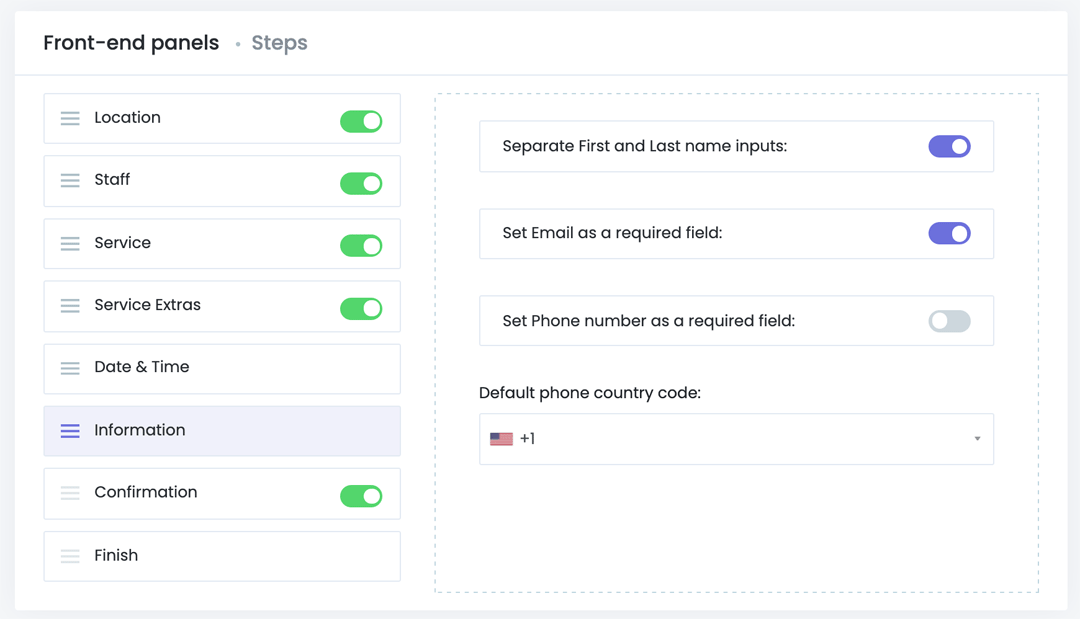Settings FrontEnd Panel Booking Steps Information BookOm